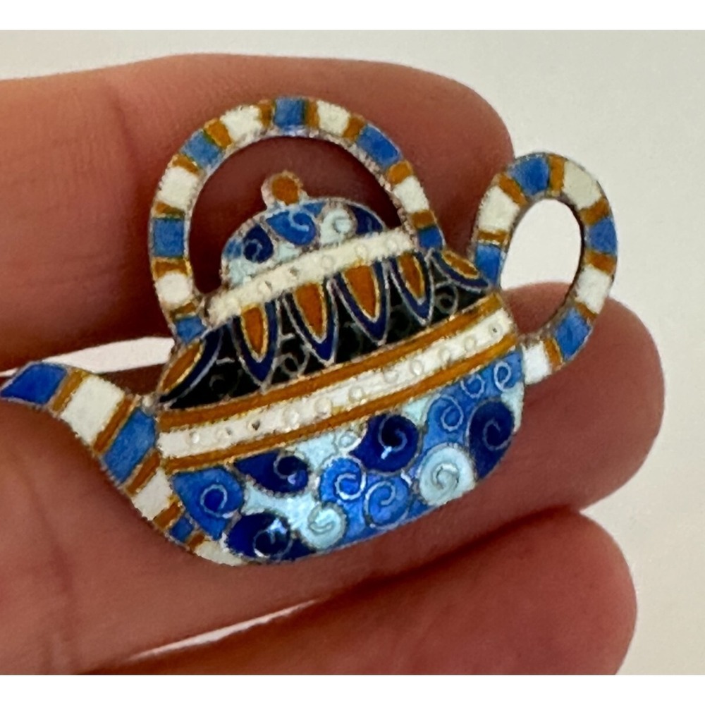 Sterling Silver Teapot Brooch Blue Swirls enamel Signed 925‎ Pin Stunning